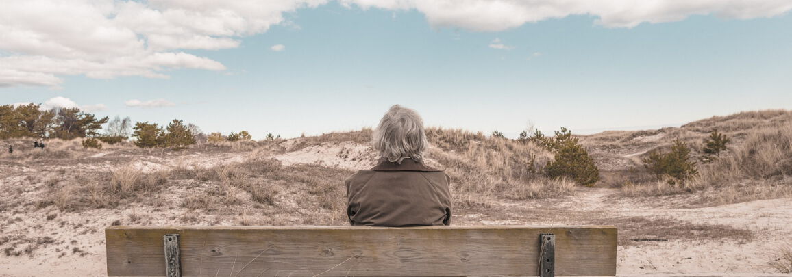 Rückenansicht einer Frau auf einer Holzbank mit Blick auf eine Düne